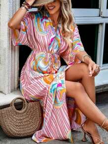 SHEIN VCAY Women's  Summer  Boho Dress Holidaya Graphic & Striped Frill Pearls Split Hem Batwing Sleeve Dress Summer Vacation Beach Vacation  Easter Dress Women  Dress Concert Outfit Women  Dress  Going Out  Dress  Sun Dress