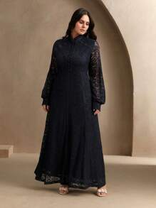 Anewsta Elegant Women's Lace Maxi Flared Dress, Spring Outfits - Navy Blue - View 5