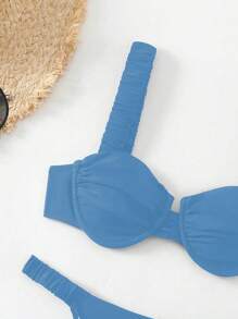 SHEIN Swim 女士纯色褶皱性感比基尼泳装套装，夏季海滩 - 藍色 - 查看 5