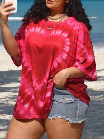 SHEIN CURVE+ Plus Size Women Heart-Shaped Tie-Dye Printed Loose T-Shirt Hot Pink