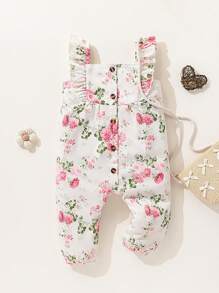 SHEIN Floral Print Ruffled Collar Sleeveless Romper For Baby Girls Toddler, Suitable For Spring/Summer Outings, Vacation And Daily Wear