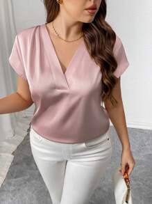 Elenzga Blusa suelta de satén de manga corta y hombros recogidos con cuello en V para mujer talla grande, estilo francés elegante y casual para vacaciones o trabajo, de unicolor para primavera/verano - Rosa - Ver 5