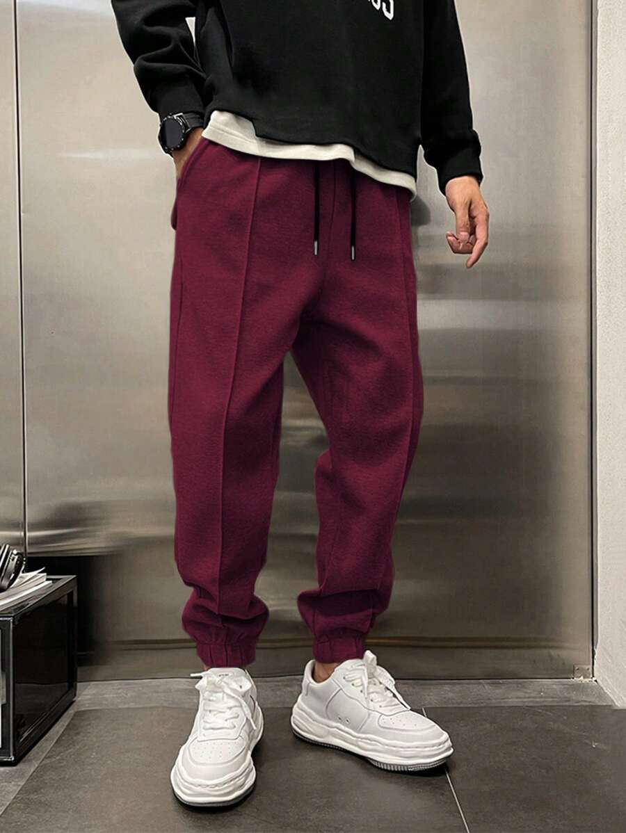 RueChic Cotton Men Solid Slant Pocket Sweatpants - Burgundy - View 1