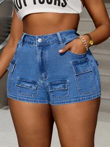 SHEIN SXY Plus Size Women Stretch Denim Shorts, Multi-Pocket Design Slim Fitting Sexy Mini Shorts Summer - Light Wash - View 4