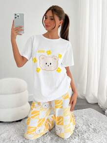 RueChic Cottonline Femei 2 buc. Cămașă drăguț cu imprimeu urs și culoare contrastantă, cu imprimeu peste tot, pentru partea de jos a dormitorului Set piiaj de bază - alb - Vizualizare 1