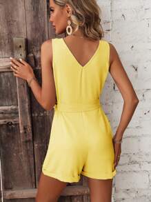 SHEIN LUNE Mono de mujer de unicolor con decoración de botones, cuello en V, sin mangas y con bolsillos - Amarillo - Ver 2