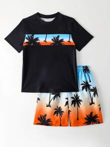 Tween Boys Swimwear With Printed Top And Random Printed Bottom