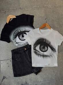 Camiseta Casual de Manga Curta com Estampa de Olho Feminina, Primavera/Verão - Preto e Branco - Visão 1