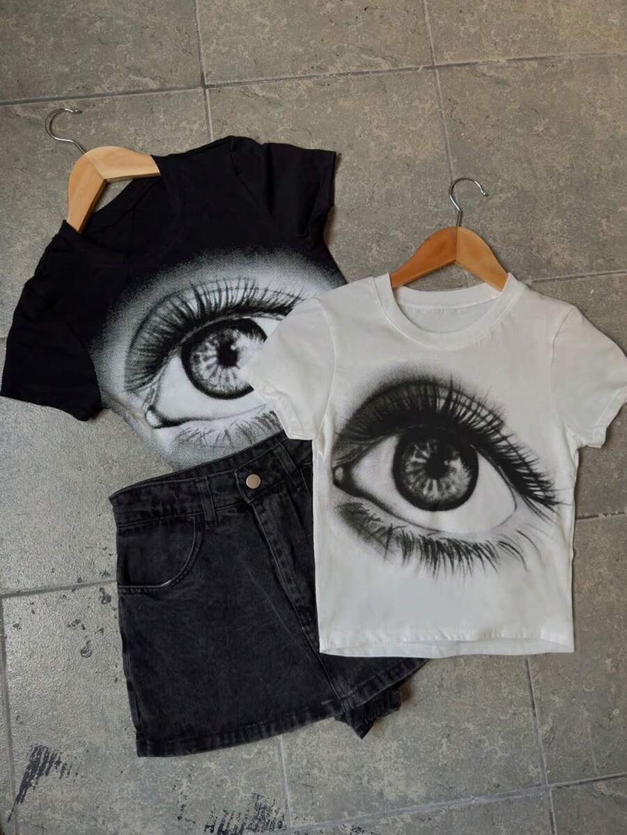 Camiseta Casual de Manga Curta com Estampa de Olho Feminina, Primavera/Verão - Preto e Branco - Visão 1