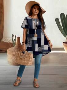 EMERY ROSE Plus Size Plaid Print Round Neck Short Sleeve Long T-Shirt, Suitable For Summer - White - View 6