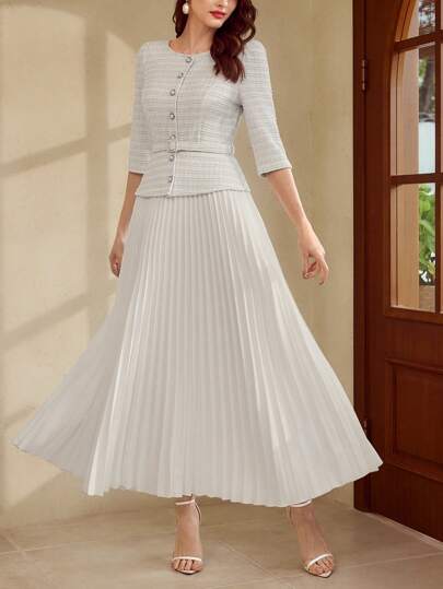 Vintamour 复古经典优雅女士针织提花中长连衣裙，3/4 袖褶皱及膝连衣裙，超长白色连衣裙，春夏