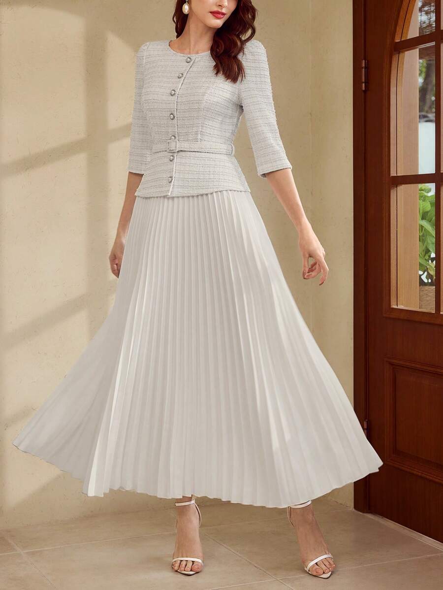 Vintamour Váy midi dệt kim Jacquard thanh lịch cổ điển dành cho nữ, váy xếp ly dài đến đầu gối có tay áo 3/4, váy trắng siêu dài, xuân/hè - trắng - Xem 1