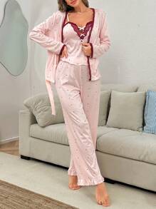 DUSKBASE 3pcs Pajama Set: Contrast Color Lace Patchwork Polka Dot Print Camisole, Pants And Belted Robe, Fall Winter Clothes Cozy And Elegant Details - Pink - View 5