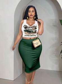 Veslaya 2pcs/Set Casual Retro Car Printed Plus Size Summer Outfit Suitable For Going Out - Dark Green - View 7