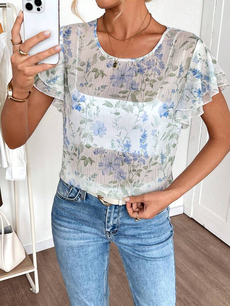 Women's Floral Mesh Round Neck Ruffle Short Sleeve Fashion Shirt