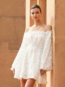 GENKIRA Off-Shoulder Kurzkleid mit Langarm und strukturierten Cut-Out Details, Damen - Weiss - Übersicht 3