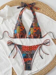 SHEIN Women's New Style Bohemian Print Halter Neck Soft Tankini Swimwear For Summer Beach Vacation - Multicolor - View 6