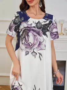 Lacomfia Đầm midi cổ tròn tay ngắn in hoa phong cách Ả Rập cho nữ - Màu xanh lam - Xem 3