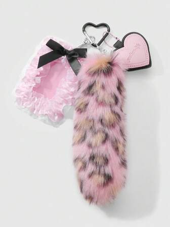 Grunge Punk 1 Stück INS koreanischer Chic Luxus Kunstleopard Plüschtier Schwanz, rosafarbenes Leder-Herz-Spitzenrand Kreditkartenhalter, schwarzes Gurtband Schleifen Dekor Campus ID Karten DIY Schlüsselanhänger Taschenbehang, geeignet für Büromitarbeiter, Studenten, Alltagskleidung, Urlaubsgeschenk