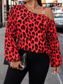 SHEIN Clasi Plus Size Asymmetric Collar Leopard Print Casual Shirt, Spring/Autumn One Shoulder Top - Red - View 1
