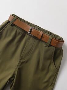 SHEIN Quần short thắt lưng dệt trơn màu thoải mái cho bé trai, đa năng cho mùa xuân và mùa hè - xanh quân đội - Xem 3