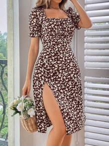 Breezaya 碎花印花泡泡袖开叉大腿连衣裙度假海滩装女装 - 棕色 - 查看 4