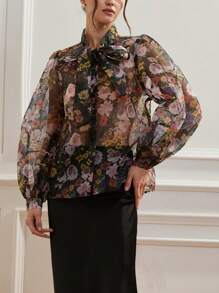 Aveloria Rosie Multicolor Floral Rose Colorblock Organza Puff Sleeve Sheer Sexy Elegant Delicate Vintage Collar Bowknot Cuff Women Long Sleeve Blouse