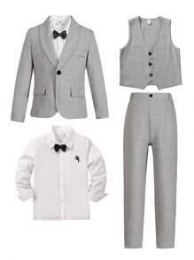 SHEIN 4 件套青少年男孩绅士服装套装：背心 + 西装外套 + 衬衫 + 裤子 + 领结，适合生日派对、婚礼、毕业典礼、周年纪念的正式西装 - 灰色 - 查看 3