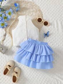 2pcs/Set Girls Cute Sweet Bow Fabric White Fashion Halter Top Paired With Blue Cake Skirt - Blue and White - View 2