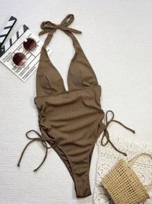 Swim SXY 女士法式纹理面料可调节肩带打结腰部荷叶边紧身连体泳衣，夏季沙滩装度假比基尼 - 卡其色 - 查看 6