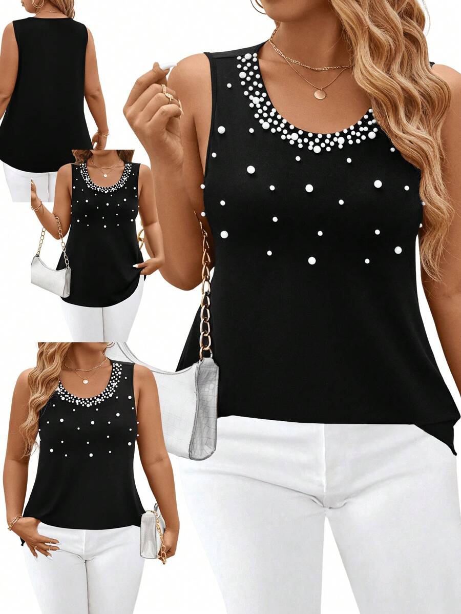 EMERY ROSE Plus Size Women Casual Round Neck Sequined Wide Strap Tank Top - Black - View 1