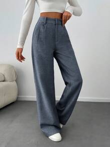 SHEIN Tall 女士纯色高腰阔腿裤 - 藍色 - 查看 5