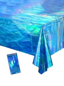 SHEIN 3 Pcs Iridescent Ocean Waves Tablecloths, 54 X 108 Inch Disposable Plastic Ocean Blue Table Cloth Rectangle Table Covers For Under The Sea Beach Surf Ocean Pool Party Birthday Party Decorations, Valentine Day - Blue - View 5
