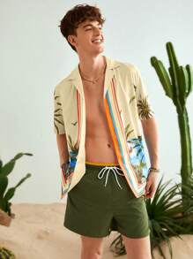 Manfinity VCAY قميص كاجوال بأكمام قصيرة وطبعة أشجار جوز الهند معمول بارتداء فضفاض للرجال