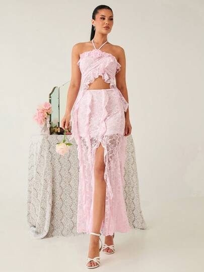 Enchnt Women's Soft Pink Lace Ruffle Slit Hem Long Skirt,Autumn Elegant & Fairycore Skirt For Birthday Party,Wedding Guest,Bridal Shower & Sweet Date
