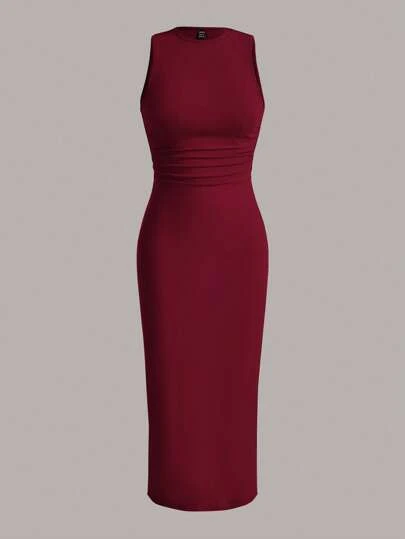 SHEIN EZwear Wine Red Women's Solid Color Bodycon Knit Dress