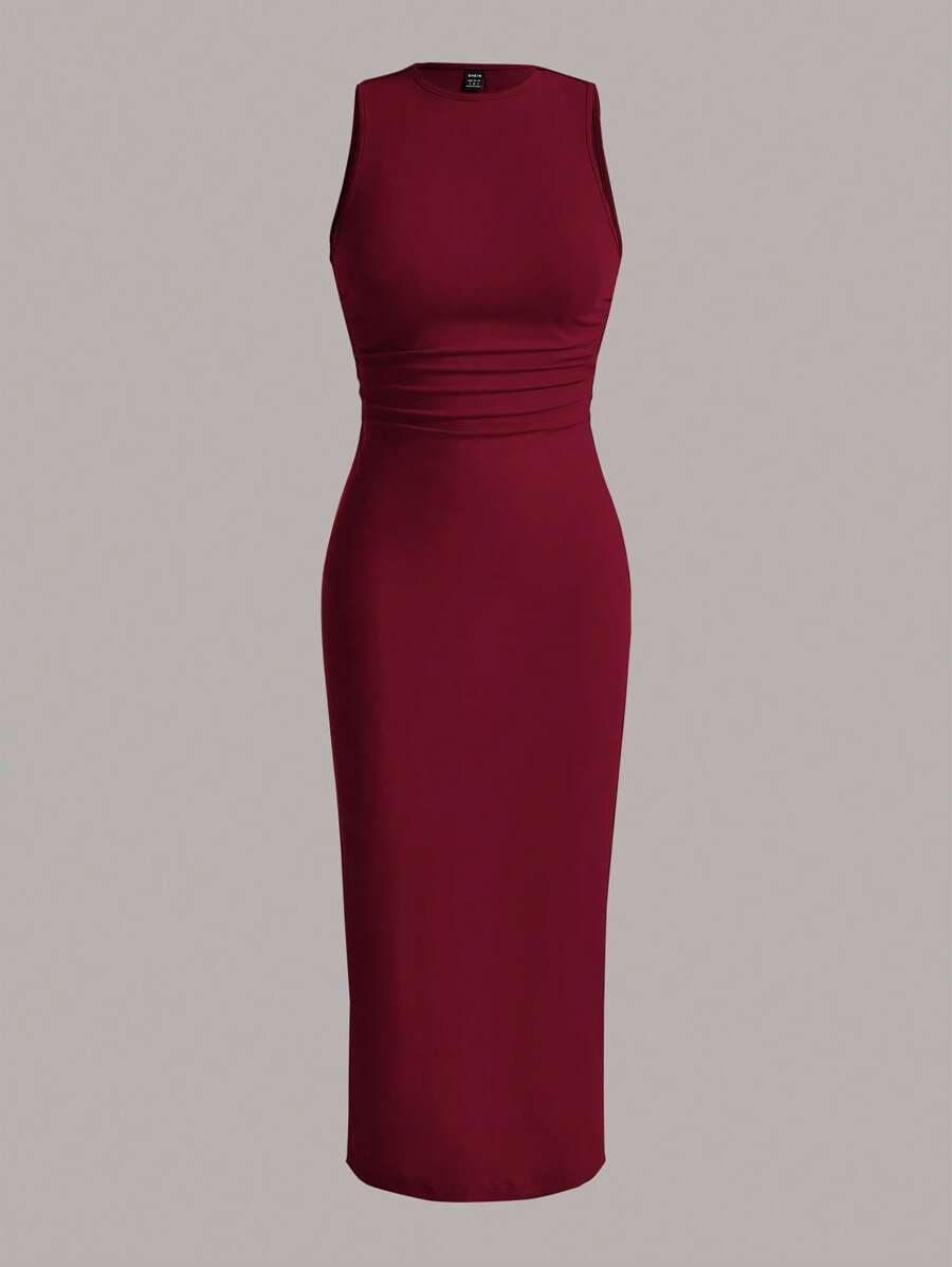 SHEIN EZwear Women's Solid Color Knitted Bodycon Midi Dress, Minimalist And Fashionable, Suitable For Summer - Burgundy - View 1