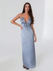 Roylia Women's Elegant V-Neck Satin Jacquard Slim Fit Dress, For Spring/Summer