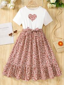 SHEIN Tween Girls Heart & Floral Print 2 In 1 Casual Vacation Ruffle Sleeve Dress