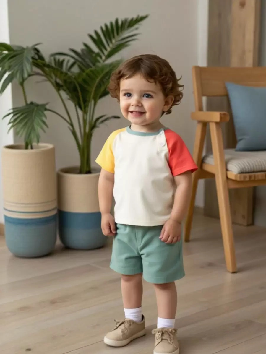 SHEIN 2pcs/Set Boys Casual Color Block Patchwork Short Sleeve T-Shirt And Shorts Set, Comfortable Summer Toddler Daily And Outdoor Wear