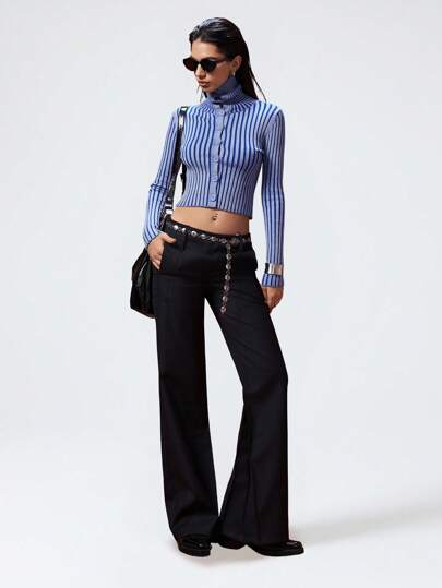 LYSMO 女式前扣长袖条纹简约衬衫，休闲日常穿着