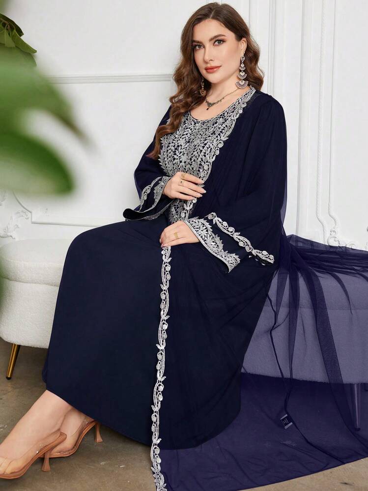 Al Najma Plus Size Women Mesh Overlay Loose Dress With Embroidery, Elegant Comfy Outfit,Modest - Navy Blue - View 4