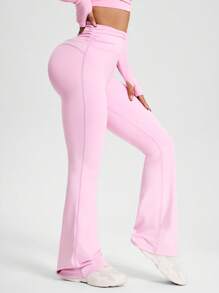 SHEIN Sports 女士纯色褶皱腰休闲健身紧身裤 - 粉色 - 查看 6