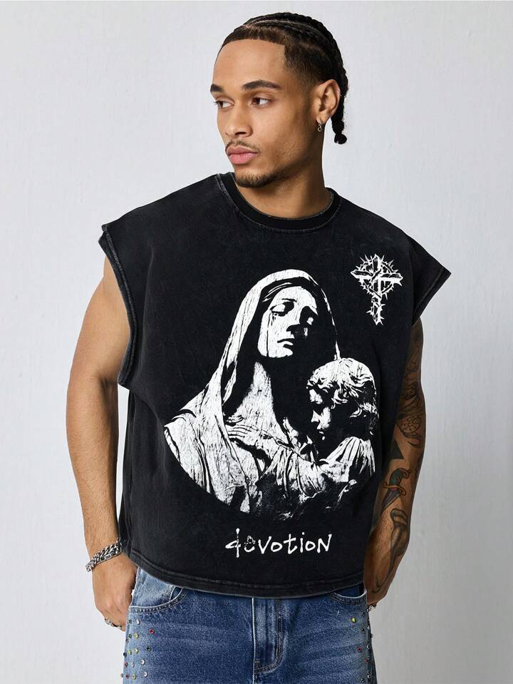Our Street Life Men's Vintage Washed Virgin Mary Boxy Letter Print