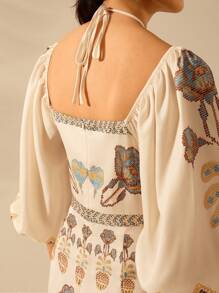 CAJUNI Váy MIDI tay bồng, họa tiết Boho cho nữ, hoa nhiệt đới, cây dừa, họa tiết hoa mẫu đơn, thắt nút rỗng, thường ngày mùa hè, kỳ nghỉ ở bãi biển - Nhiều màu - Xem 7