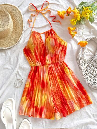 Soleia 扎染花卉印花 V 领露背连体裤，带腰部抽绳，女式，度假风格