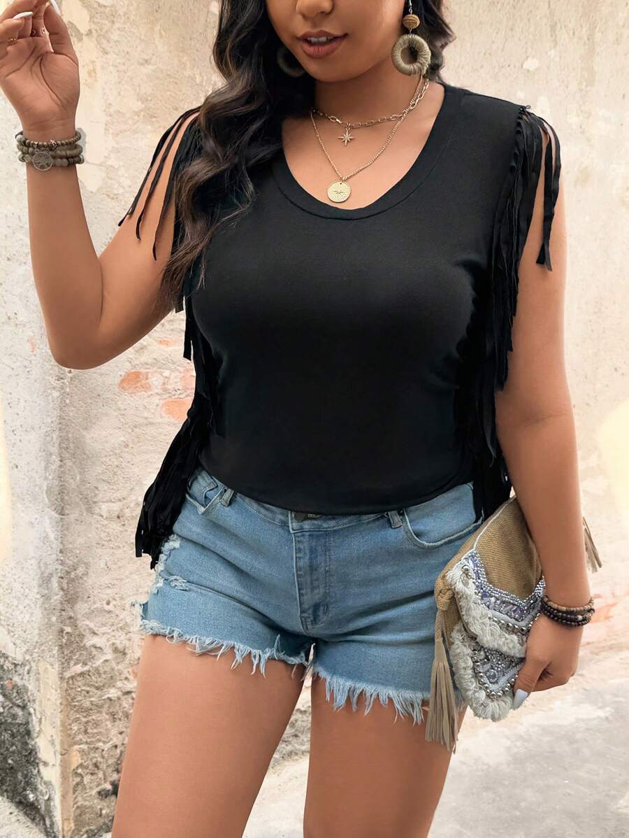 SHEIN LUNE Plus Size Solid Color Round Neck Sleeveless Casual Fashion T-Shirt - Black - View 1