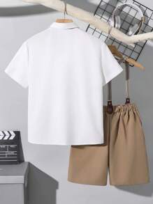 SHEIN Leap Crew 2pcs Kids Tween Boy Casual Modest School Collared Button Down Short Sleeve Loose Shirt With Necktie And Plain Shorts With Suspender Two Pieces Gentleman Outfit Set - Multicolor - View 3