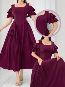 Modelyn Women's Solid Color Off The Shoulder Short Sleeve Casual Long Dress - Red Violet - View 5
