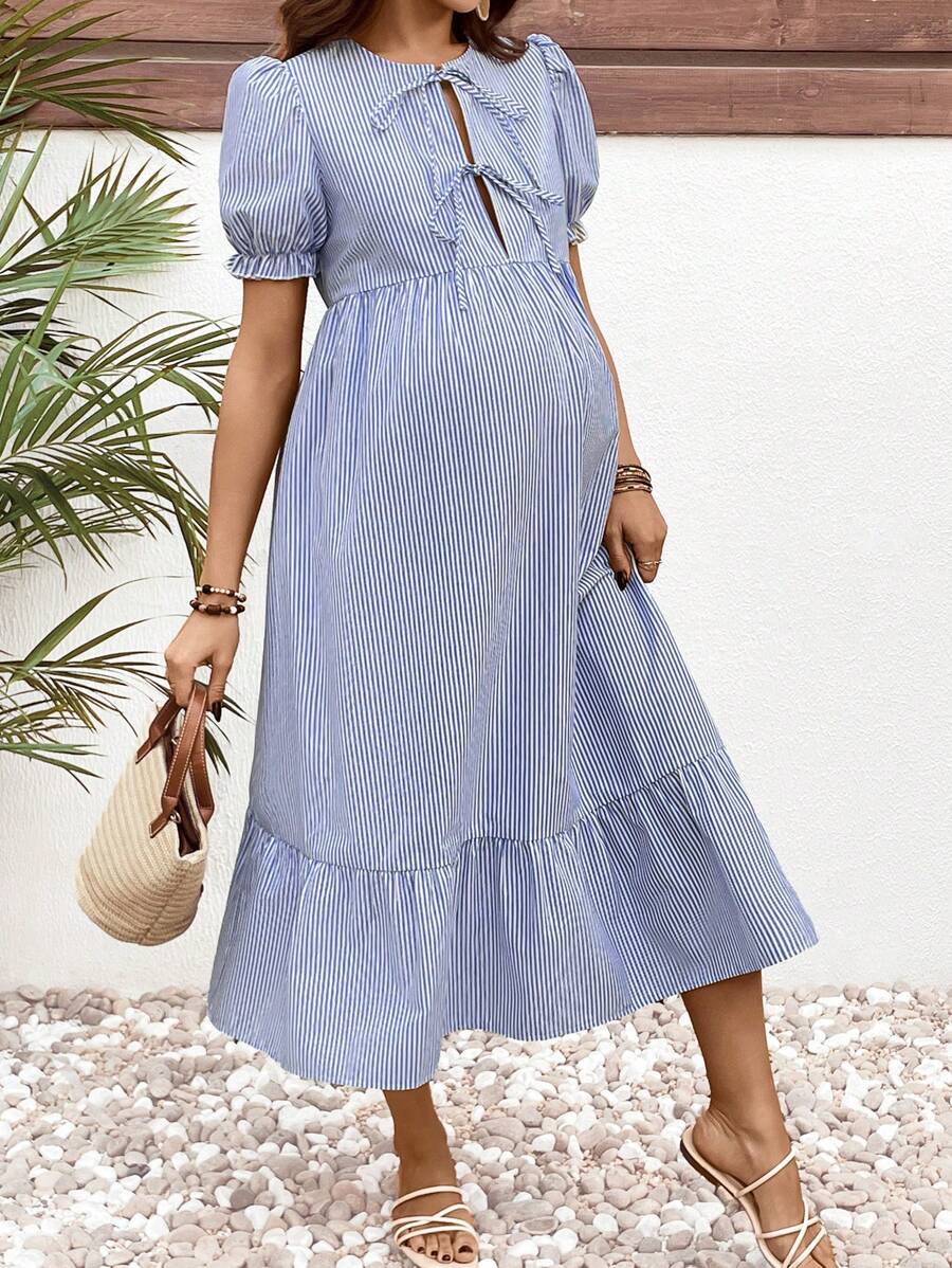 SHEIN 波西米亚风孕妇连衣裙（配蝴蝶结领带） - 藍白色 - 查看 1